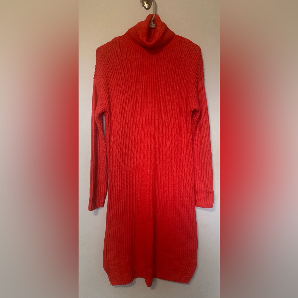 LOFT Vibrant Red Knit Sweater Turtleneck Dress w/ side slits
